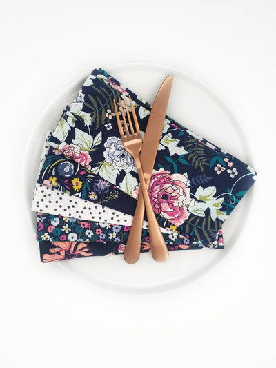 Navy Blue Floral Cloth Napkins, Set of 5 Cloth Napkins