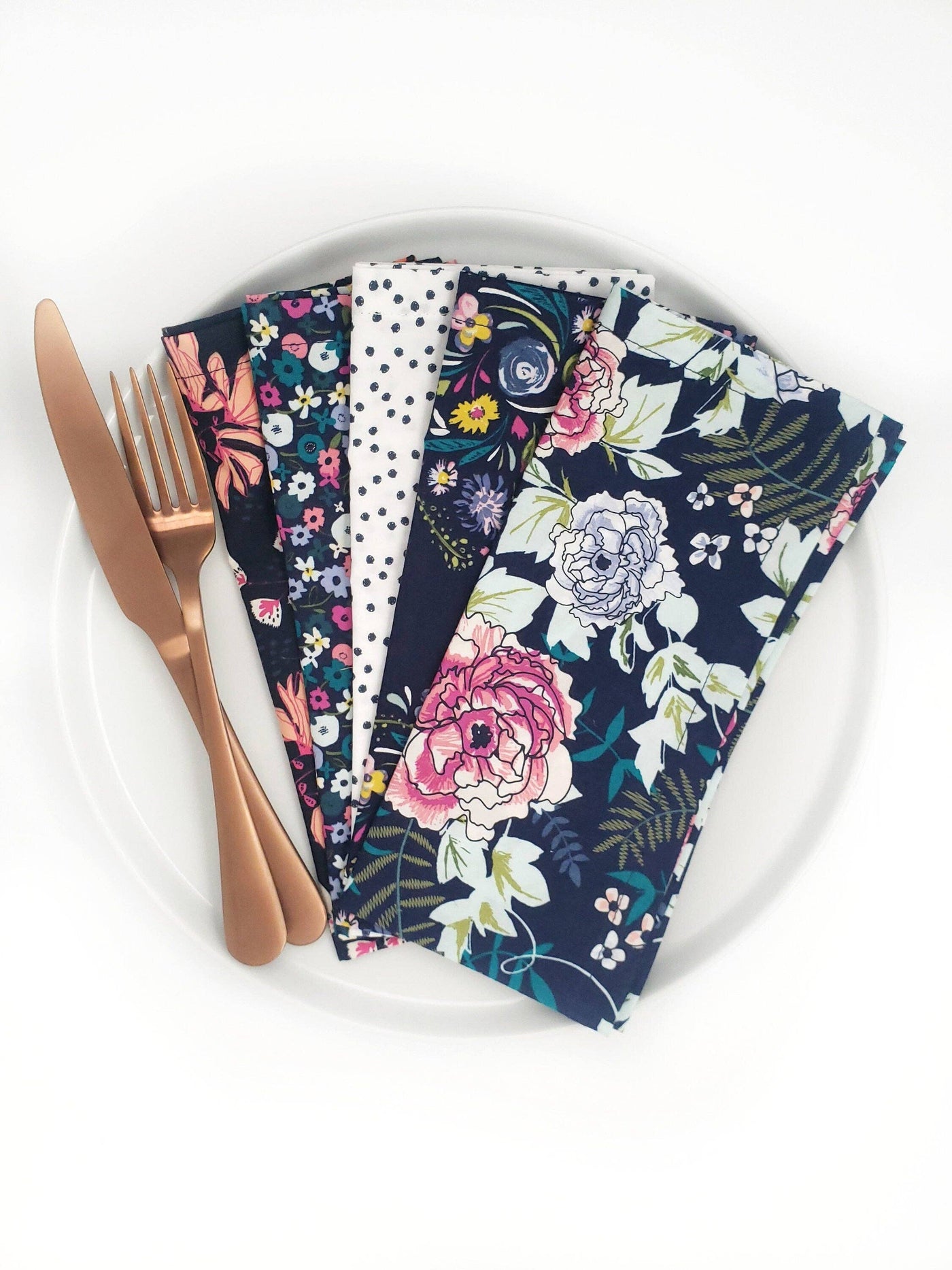 Navy Blue Floral Cloth Napkins, Set of 5 Cloth Napkins